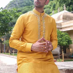 ABKASA Geometric Embroidered Mandarin Collar Mirror Work Kurta With Trouser image 3