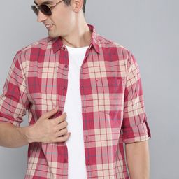 HERE&NOW Men Maroon & Beige Slim Fit Checked Sustainable Casual Pure Cotton Shirt-image-51