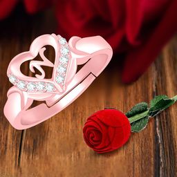 MEENAZ Rose Gold-Plated AD Studded N Alphabet Adjustable Ring With Rose Box-57