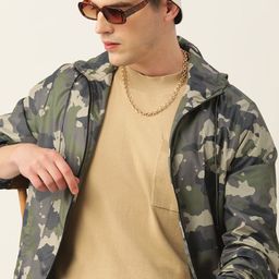 Kook N Keech Men Olive Green & Grey Camouflage Printed Hooded Tailored Jacket-31