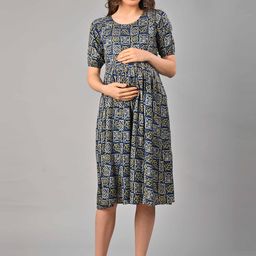 Negen Women Ethnic Motifs Print Round Neck Maternity Fit & Flare Dress-image-6