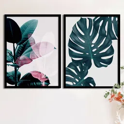 Art Street Set Of 2 White & Teal Green Plants Leafs Matte Printed Wall Arts-1