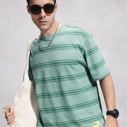 WROGN Pure Cotton Horizontal Striped Oversized T-shirt-picture-13