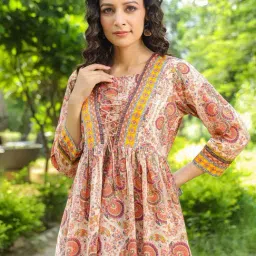 Rain and Rainbow Beige Cotton Floral A Line Kurti-picture-19