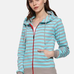 Campus Sutra Women Grey & Blue Striped Hooded Sweatshirt-picture-36