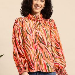 Mast & Harbour Print Puff Sleeve Smocked Shirt Style Top-image-100