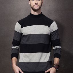 Roadster Men Black & Grey Colourblock Sweater-image-5