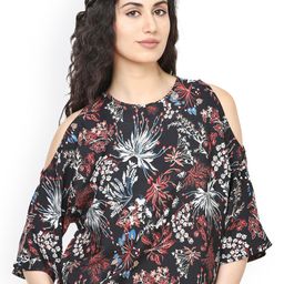 Harpa Women Black Floral Printed Cold Shoulder Top-image-123