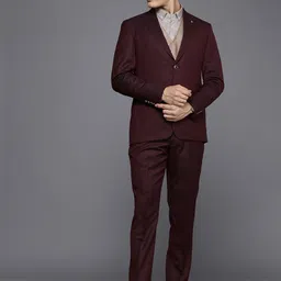 Louis Philippe Burgundy Textured Slim Fit Single Breasted 3-Piece Formal Suit-image-24