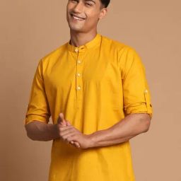VASTRAMAY Mustard Regular Fit Mandarin Collar Short Kurta-image-0