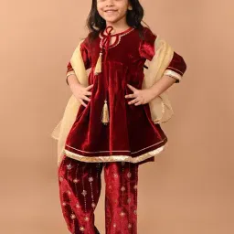 LilPicks Kids Maroon & Beige Embellished Kurta, Plazzos with Dupatta-image-32