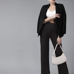 KASSUALLY Women Black Solid Flared Mid-Rise Flat-Front Parallel Trousers-33