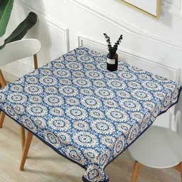 Texstylers Blue & Beige Floral Anti-Slip Pure Cotton 4-Seater Table Cover-25