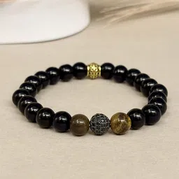 SANAA CREATIONS Unisex Crimson Stone Onyx & Tiger Eye Stones Studded Elasticated Bracelet-image-87