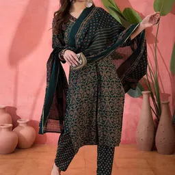 RangDeep Floral Printed V Neck Pure Cotton Kurta With Trousers & Dupatta-picture-7