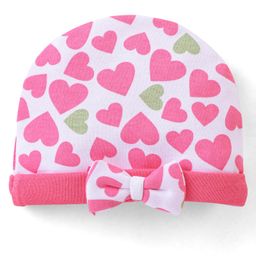 Babyhug 100% Cotton Knit Round Cap Heart Print With Bow Applique - Pink-image-21
