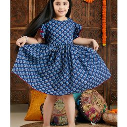 Vastramay Half Sleeves Jaipuri Flower Motif Printed Ethnic Dress - Blue-image-61