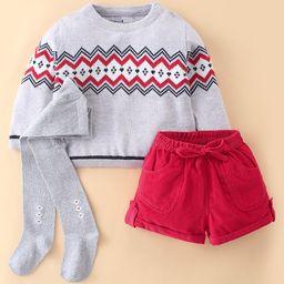 ToffyHouse Full Sleeves Winter Wear Suits With Ikat Design & Stockings - Grey & Red-image-12