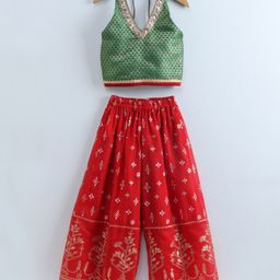 Twisha Sleeveless Scallop Designed Foil Printed With Sequin Lace Embellished Top &PalazzoGreen & Red-image-16