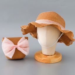 Babyhug Straw Hat with Bow Applique and Purse - Brown-24