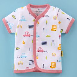 Child World Interlock Knit Half Sleeves Vests Car Print - Pink & White-image-52