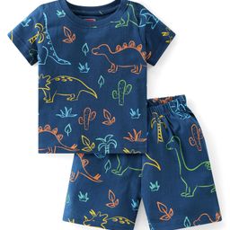 Babyhug Cotton Knit Half Sleeves Night Suit  With Dino Print - Navy Blue-image-66
