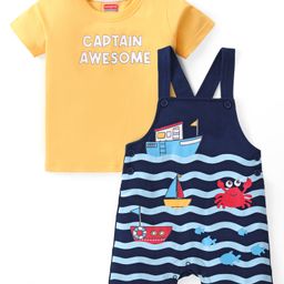 Babyhug Single Jersey Knit Dungaree with Half Sleeves T-Shirt Text & Boat Print - Yellow & Blue-picture-14