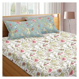 Trance Home Linen Floral Print Pure Cotton Double Queen Elastic Fitted Bedsheet 78 x 60 Inch- Calicut White Green-15