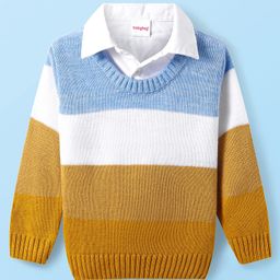 Babyhug Knitted Full Sleeves Collared Colour Block Pullover Sweater - Mustard Blue & White-image-3