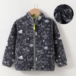 Kookie Kids Full Sleeves Front Open High Neck Fur Winter Jacket with Space Theme Design - Black-image-22