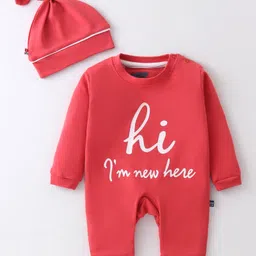 Mini Taurus Cotton Knit Full Sleeves Romper With Cap & Text Print - Coral-picture-7