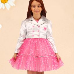 Cutecumber Foil Printed Net Dress With Full Sleeves Heart Applique Metallic Twill Jacket - Pink-image-35