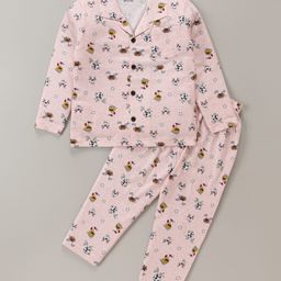 Smarty Boys 100% Cotton Knit Full Sleeves Front Open Doodles Printed Night Suit - Baby Pink-image-55