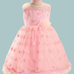Bluebell Net Woven Sleeveless Frock With Floral Embroidery & Corsage Applique - Peach-picture-17