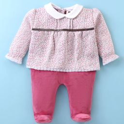 ToffyHouse 100% Cotton Knit Full Sleeves Floral Printed Footed Romper with Peter Pan Collar - Pink-image-86