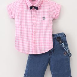 Dapper Dudes Half Sleeves Checked Shirt With Shorts  Bow & Suspender Set - Pink-image-19