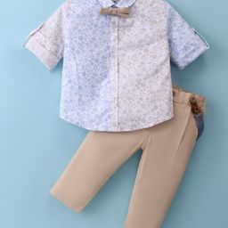 ToffyHouse 100% Cotton Woven Floral Printed Shirt & Trouser Set with Bow & Suspender - Tan-image-20