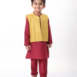 Babyhug Woven Full Sleeves Solid Kurta Pajama & Floral Embroidered Jacket Set - Maroon-picture-14