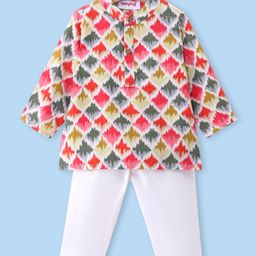 Babyhug Full Sleeves Cotton Woven Kurta & Pajama Set Printed - Pink Yellow White-image-62
