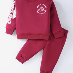 Little Kangaroos Fleece Knit Full Sleeves Text Printed Winter Wear Sweatshirt & Joggers Set - Dark Red-image-93