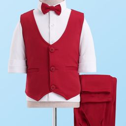Babyhug Woven Full Sleeves Solid 3 Piece Party Suit With Bow - Red & White-image-33
