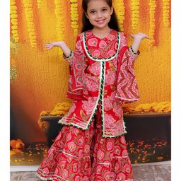 BownBee Pure Cotton Full Sleeves Floral Printed & Lace Embellished Kurta With Coordinating Sharara & Dupatta Set - Red-image-13