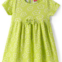 Babyhug Single Jersey Knit Half Sleeves Frock With Floral Print & Bow Applique - Green-image-19