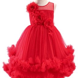 Bluebell Net Woven Sleeveless Shimmered Party Dress with Floral Corsage Applique & Ruffles & Frills Detailing - Red-image-85