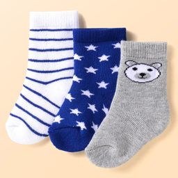 Cute Walk by Babyhug Terry Knit Ankle Length Antibacterial Striped Socks with Stars & Bear Design Pack of 3 - White Blue & Grey-image-18