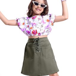 OLLINGTON ST. 100% Cotton Half Sleeves Top with Print & Woven Twill Lycra Skirt - White & Olive-image-75