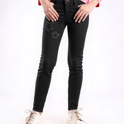 Pine Kids Full Length Washed Denim Jeans with Star Rhinestone Print - Black-picture-20