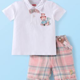 Babyhug Single Jersey Knit Half Sleeves Bear Printed Polo T-Shirt & Checkered Shorts Set with Suspender & Bow Applique - White & Pink-image-19