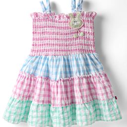 Dew Drops Cotton Woven Sleeveless Checks Frock With Bunny Applique & Smocked Detailing - Aqua-image-53