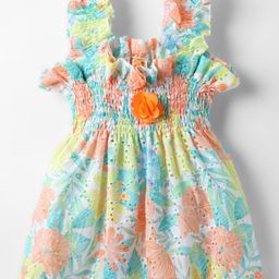 Dew Drops Cotton Woven Sleeveless Frock with Smock Detailing & Floral Print - Orange-image-97